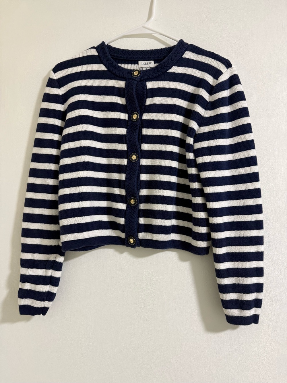 J. Crew Navy and White Striped Cropped Cardigan